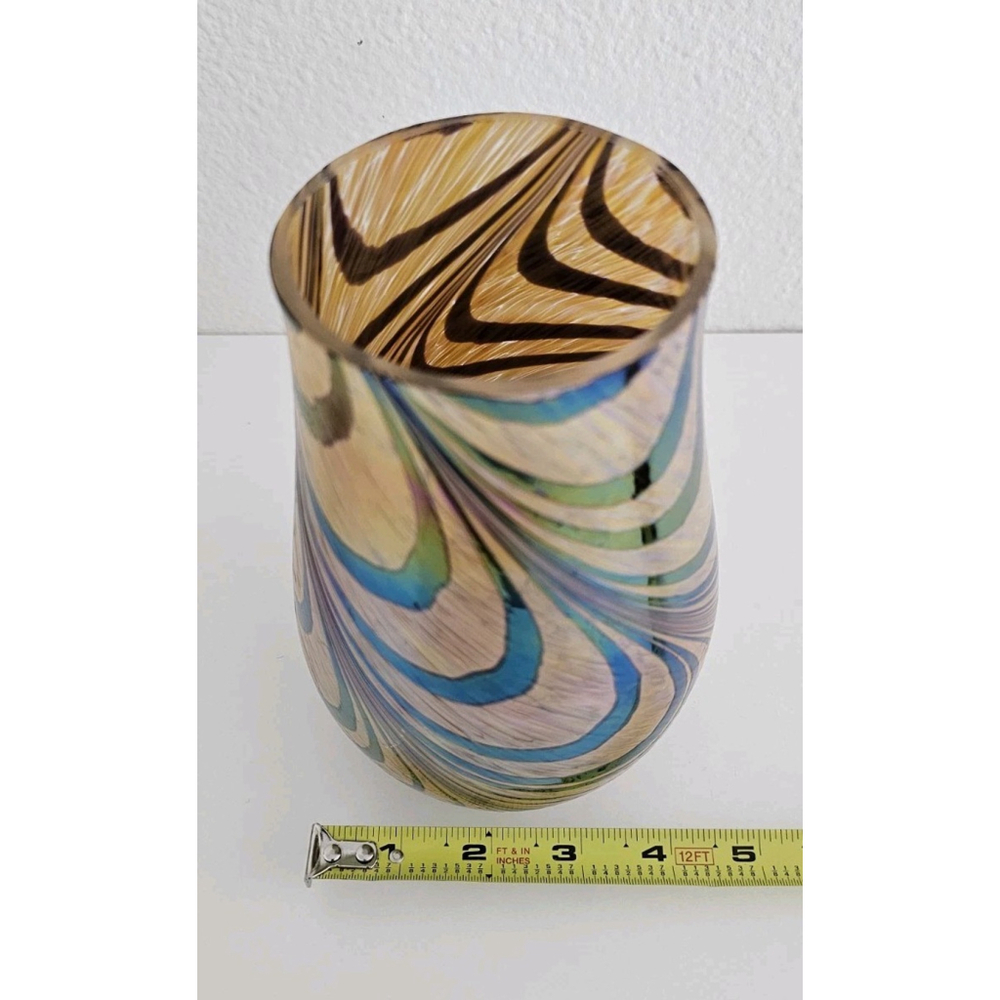Teleflora Swirl Iridescent Blue Green Purple Gold Vase Modern Art Glass 7" - Picture 9 of 9